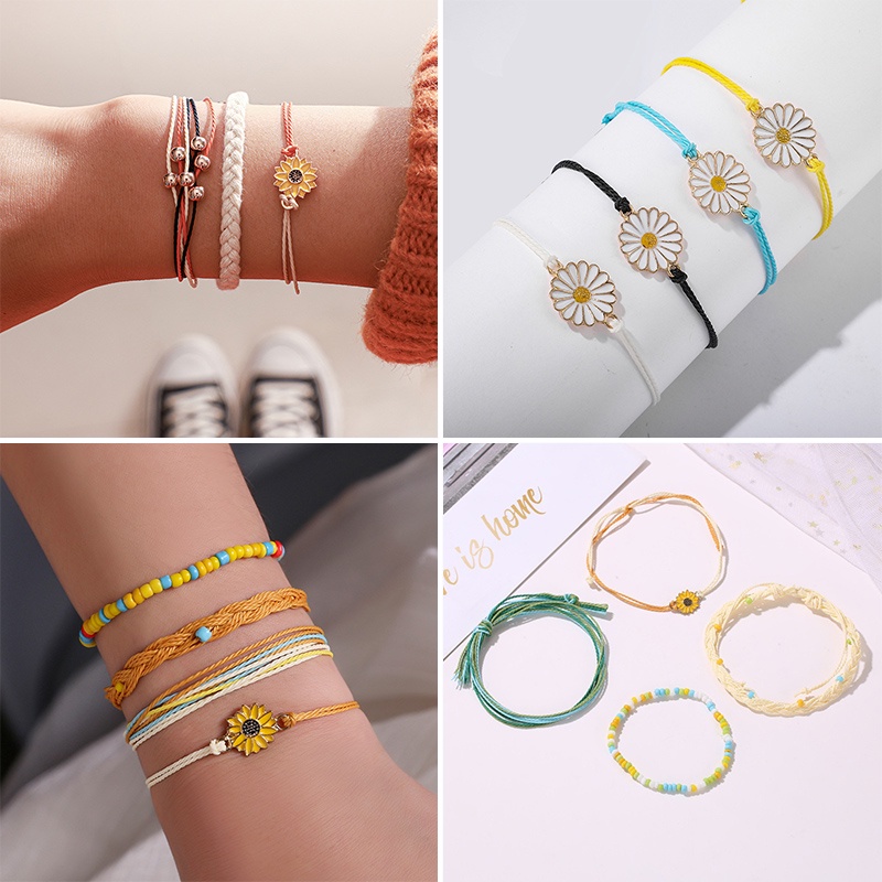 4pcs / set Gelang Pasangan Motif Bunga Matahari daisy Untuk Pria Dan Wanita