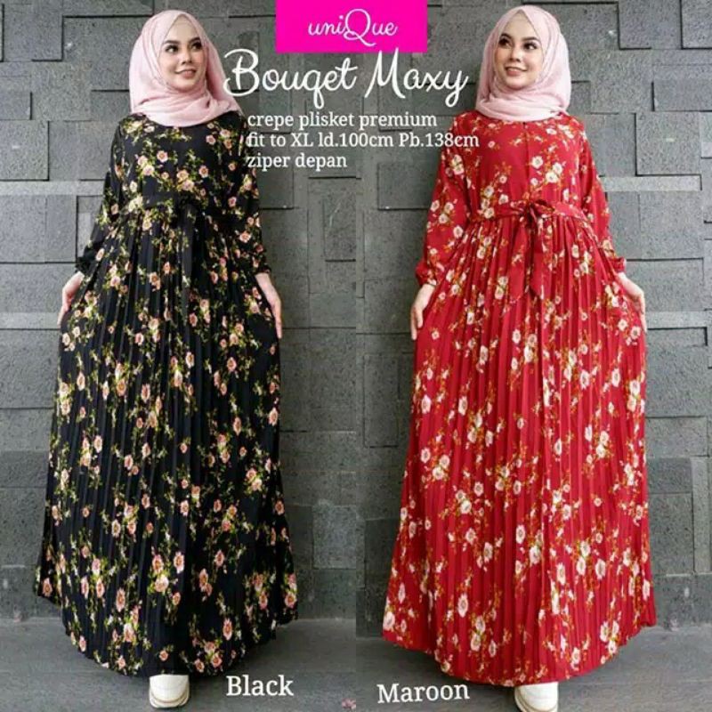 gamis plisket motif bunga sisa maroon