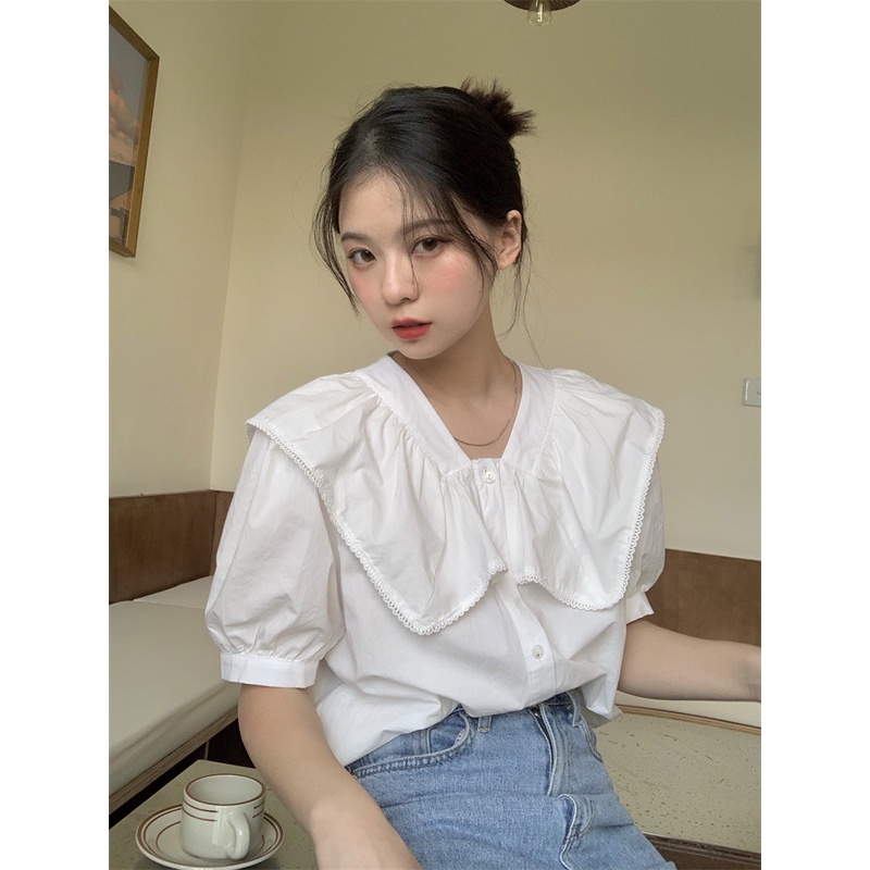 #Sisjuly# Kemeja Wanita Desain Baru Gelembung Wanita Lengan Pendek Atasan Tipis Gaya Hong Kong Pranc
