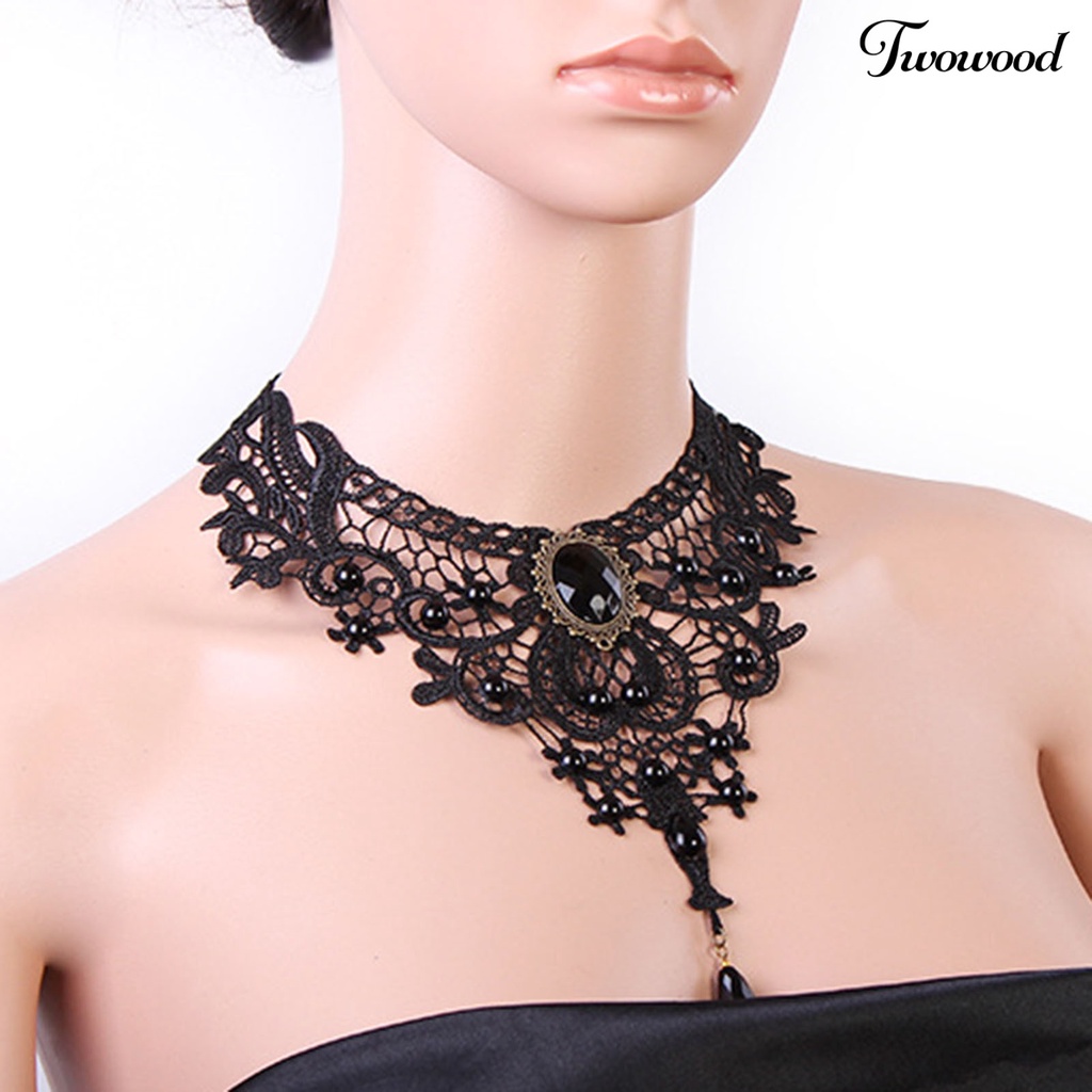 Kalung Choker Adjustable Model Hollow Out Aksen Renda Warna Hitam Untuk Wanita