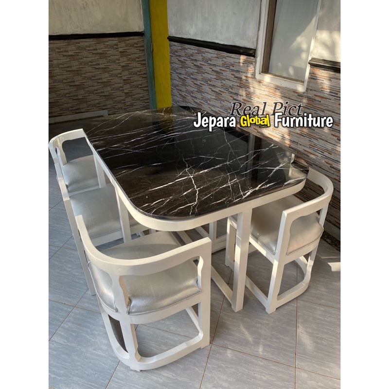 meja makan jati top marmer kursi 6 ( meja makan marmer,meja jati murah,kursi makan )