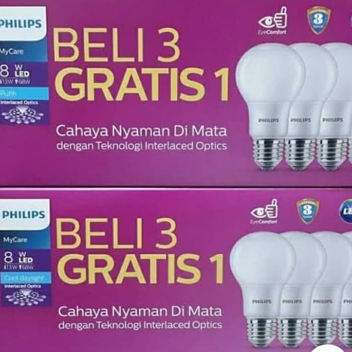 LAMPU PHILIPS LED MY CARE 8 WATT PAKETAN BELI 3 GRATIS 1 Philips Led Bulb My Care 8 wat pack isi 4