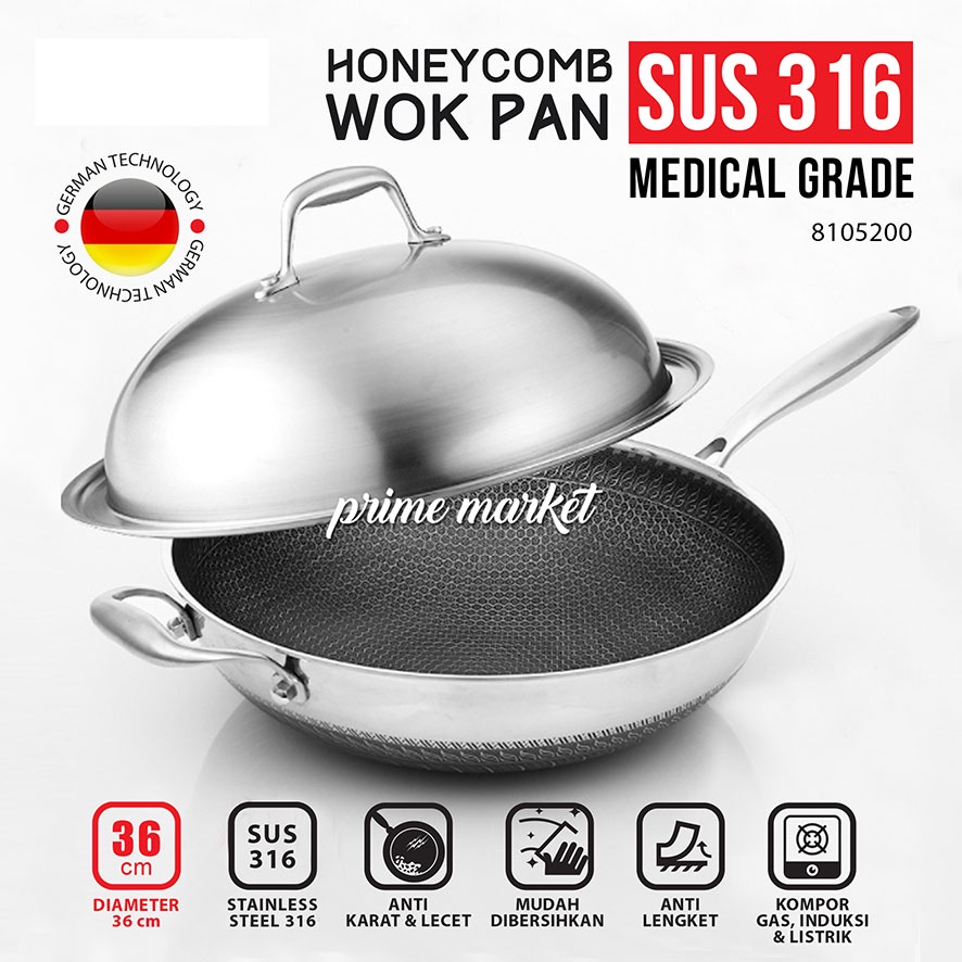 Honeycomb Stainless Steel 316 Medical Grade Wok Pan/ Wajan Penggorengan Tinggi Anti Lengket Anti Gor