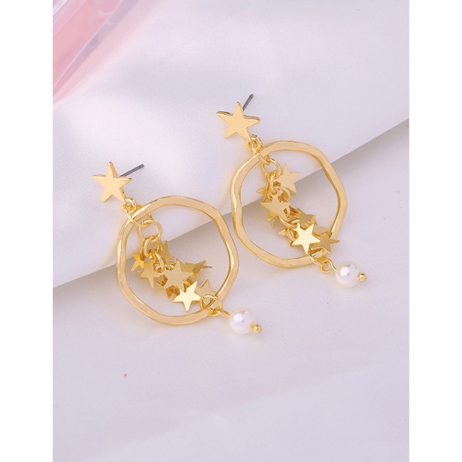 LRC Anting Tusuk Fashion Gold Star Circle Pearl Earrings F94058