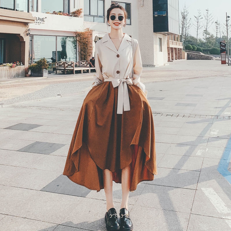 French color matching long sleeve dress women's new autumn 2021 style slim irregular Hepburn A-line