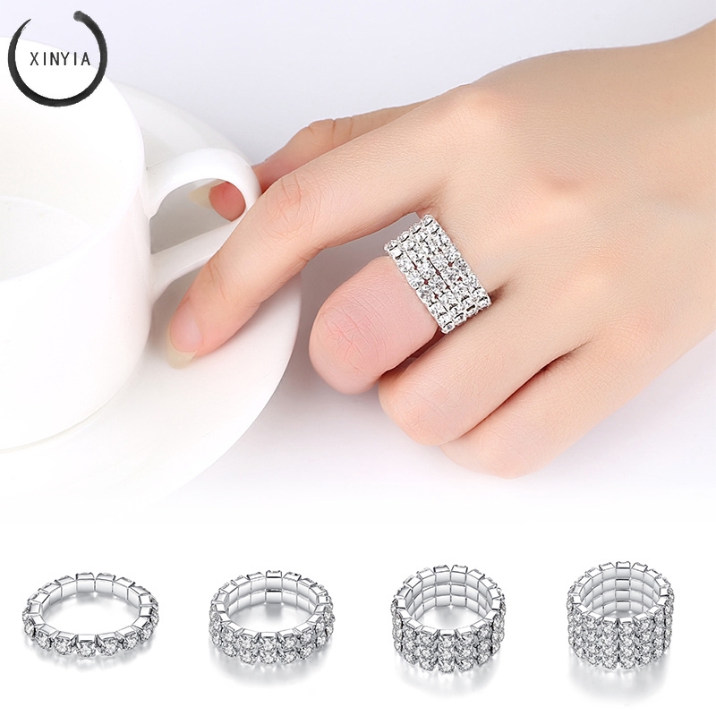 Korea Warna Silver Elastis Zirkon Satu Baris Beberapa Baris Cincin Rhinestones Cincin Elastis