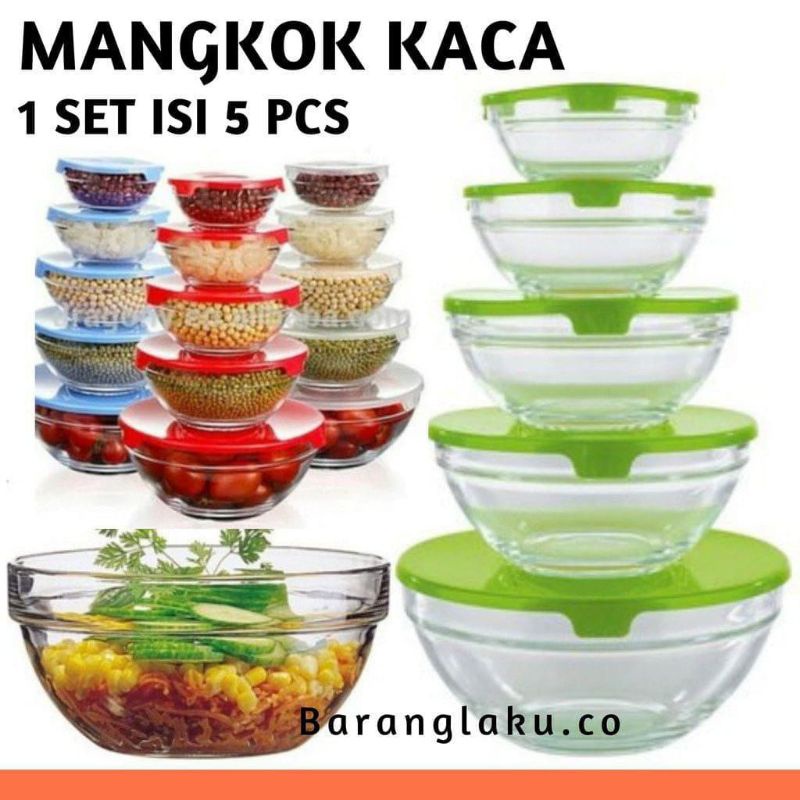 MANGKOK KACA + TUTUPNYA ISI 5PCS KIMGLASS