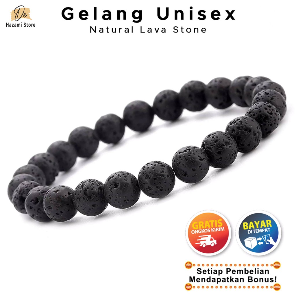 BISA COD Gelang Tangan Pria Wanita Hitam Batu Lava Stone Akik Meteor Unisex Korea Keren Distro