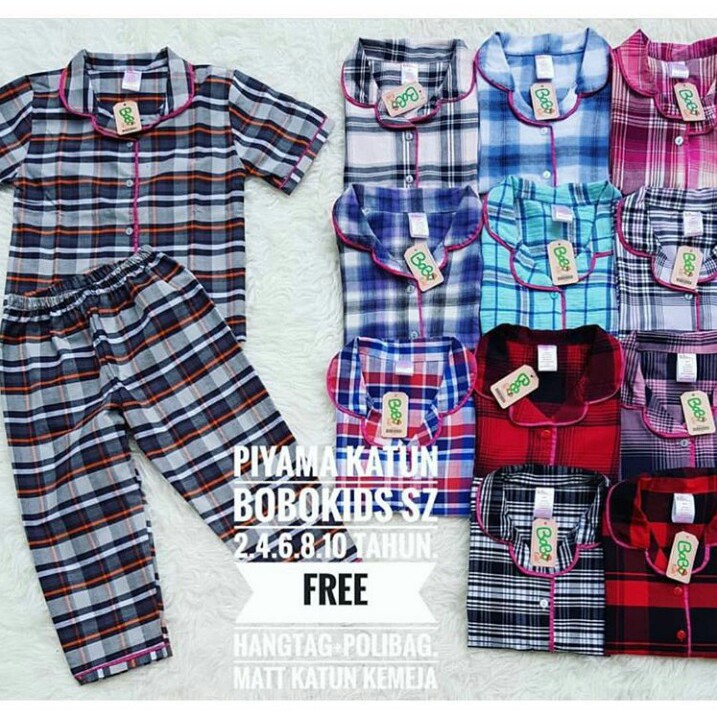 BOBOKIDS - SETELAN PIYAMA KOTAK Baju Anak Perempuan -  (2-10 Tahun) - (T&F)