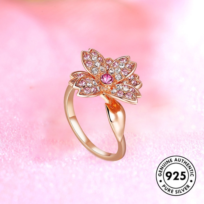 Cincin Sterling Silver 925 Desain Bunga Mawar Hias Berlian Imitasi Simple Elegan Untuk Wanita