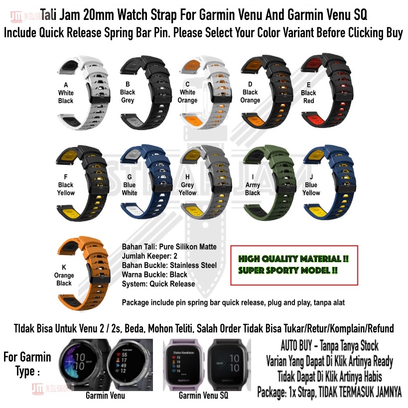 GTO 20mm Strap Garmin Venu / Venu SQ - Tali Jam Tangan Rubber Silikon Sporty