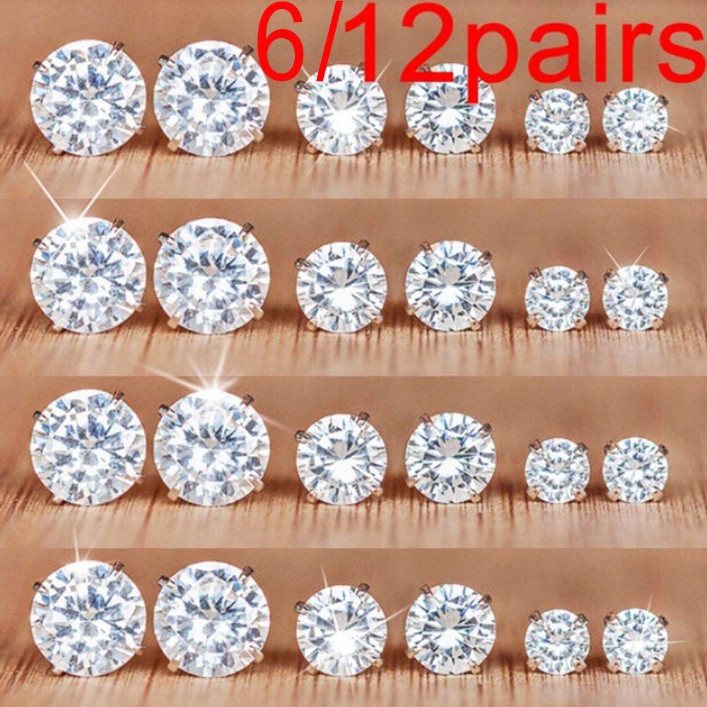 PINEAPPLE 6/12pasang Anting Tusuk Set Elegan Wanita Pernikahan Zirkon Bulat