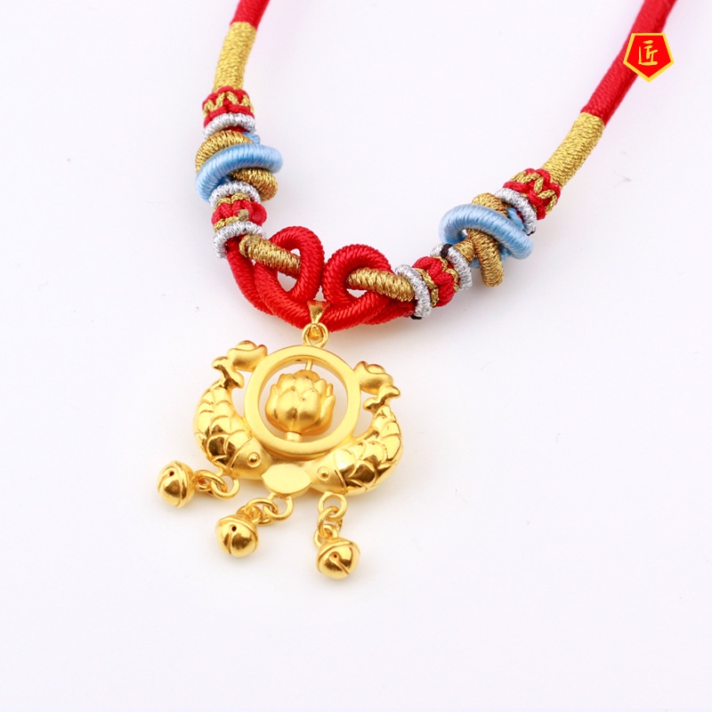 [Ready Stock]3D Gold Lock Bag Necklace Lotus Rotatable Bell Pendant