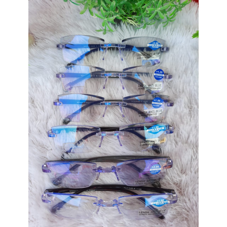 Kacamata Baca Lensa Plus(+) Gradasi BlueFilter Type TC224 AB Frame Rimless/KACAMATA BACA ANTI RADIASI TYPE TC224/KACAMATA BACA ANTI RADIASI