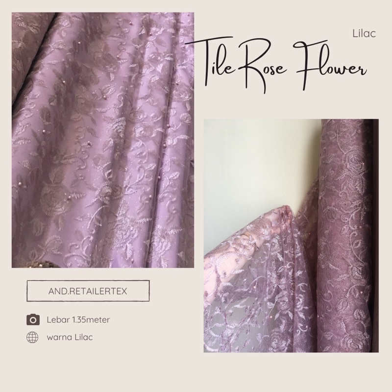 Kain Bahan Kebaya Brokat Tile Mutiara Rose Flower Warna Lilac