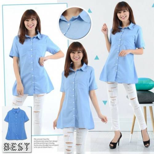 Kemeja Atasan Wanita Pokey Long Hem Denim Wanita
