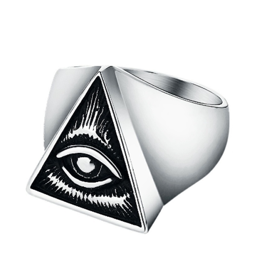 Cincin Desain Mata Horus Pyramid Illuminati Mesir Warna Silver Bahan Stainless Steel Untuk Pria