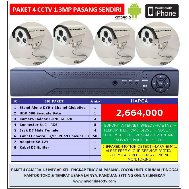 Paket 4 Camera CCTV AHD 1.3 MP Online Fastnet Kamera Outdoor Anti Air