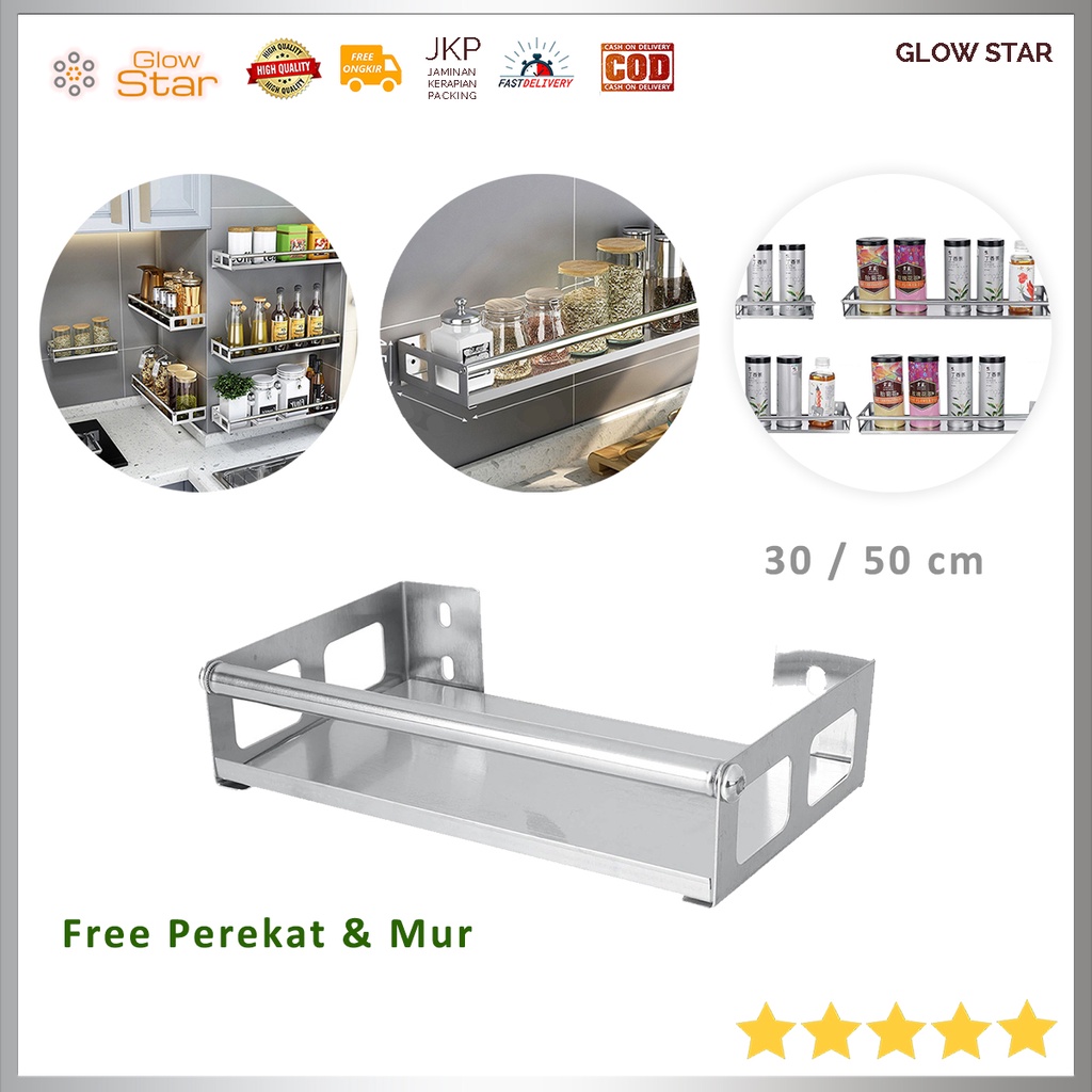 Rak Gantung Dapur Kamar Mandi Ruang Pajangan Hiasan Bumbu Masak tamu Wall Mounted Stainless Steel 30 / 50 cm Mur Perekat Free  Kuat Tebal