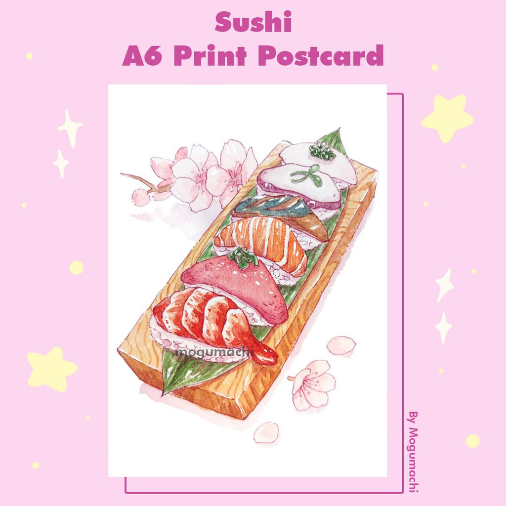 

Postcard A6 Watercolor Sushi Art Print Food Illustration by Mogumachi
