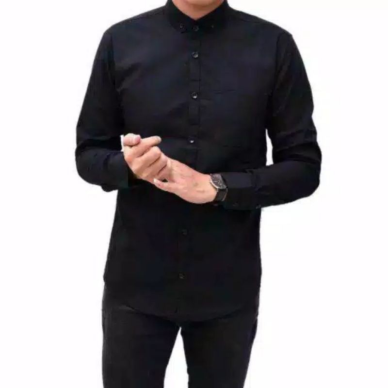 kemeja cowok polos lengan panjang slimfit hem pria kantor hitam navy putih maron army