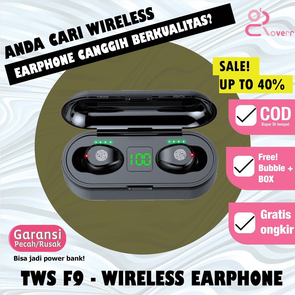 Earphone Headset Bluetooth TWS F9 Waterproof True Wireless Sport LED Touch Sensor Original COD TF2