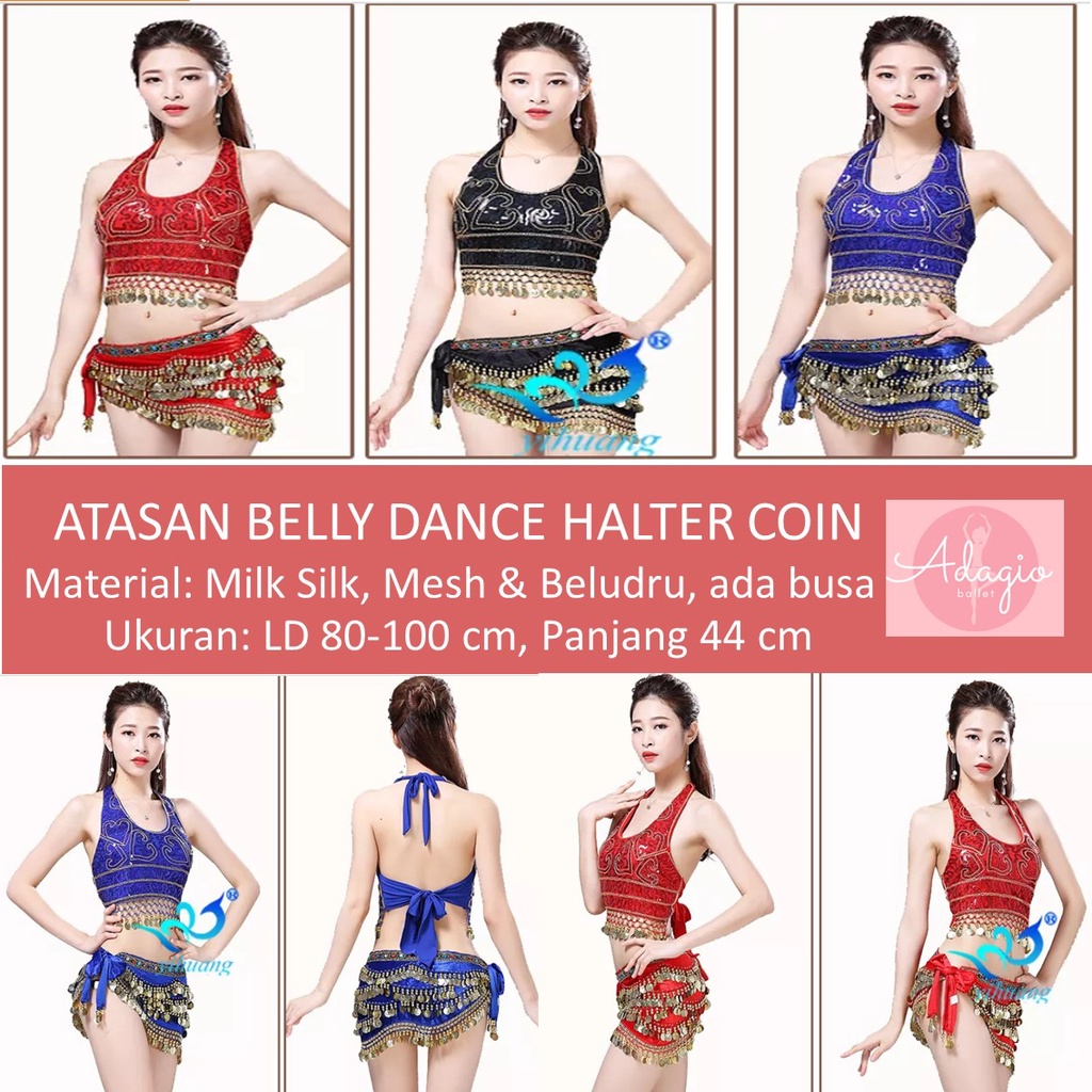 ATASAN BAJU BELLY DANCE KOSTUM TARI PERUT PENTAS ARABIAN INDIAN DANCE PESTA HALTER NECK COIN GOLD