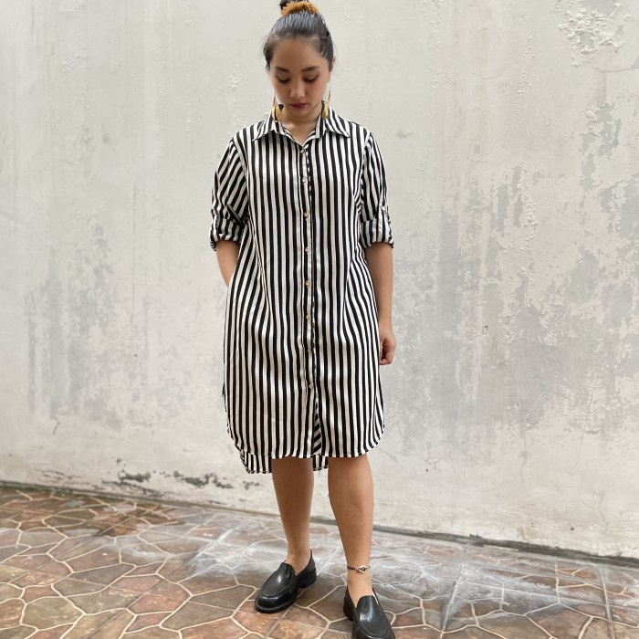 Ramaas kemeja Tunik salur basic stripes woolpeach~XL kerja kuliah kantor top - Hitam, XL mrh