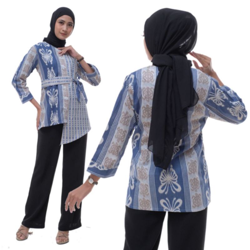 tey-17 Batik wanita ASJ SA HRB026 Kenongo Kemeja Tosca Pendek-Songket kupubiru