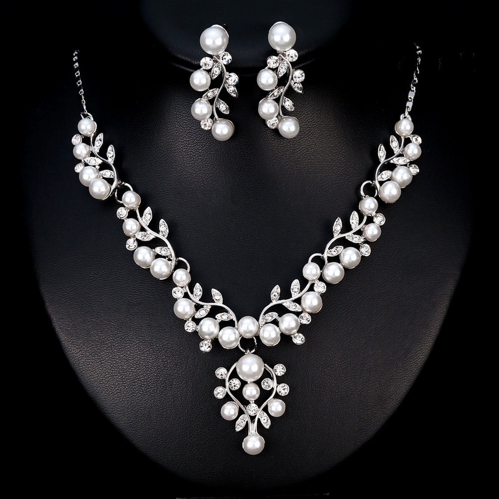 OW@ Women Elegant Faux Pearl Rhinestone Leaves Necklace Earrings Wedding Jewelry Set