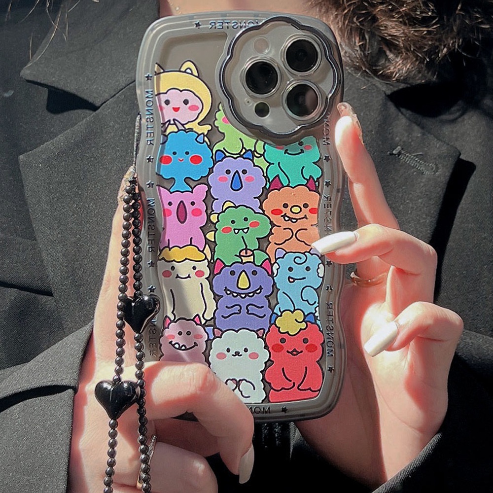 Case Pelindung Transparan Motif Kartun Monster Hitam Dengan Rantai Hati Untuk Iphone 11 8 7 Plus SE2 XS XR 12 13 PRO MAX