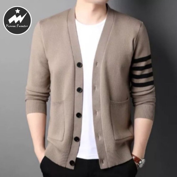 sweater rajut cardigan pria, sweater rajut blazer pria, style korea, motif adidas, kualitas premium 
