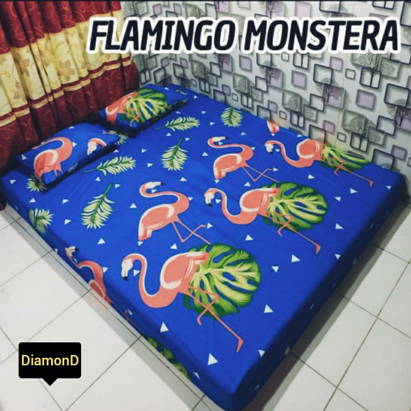 Sprei homemade bahan katun lengkap sarban sargul motif flamingo monstera