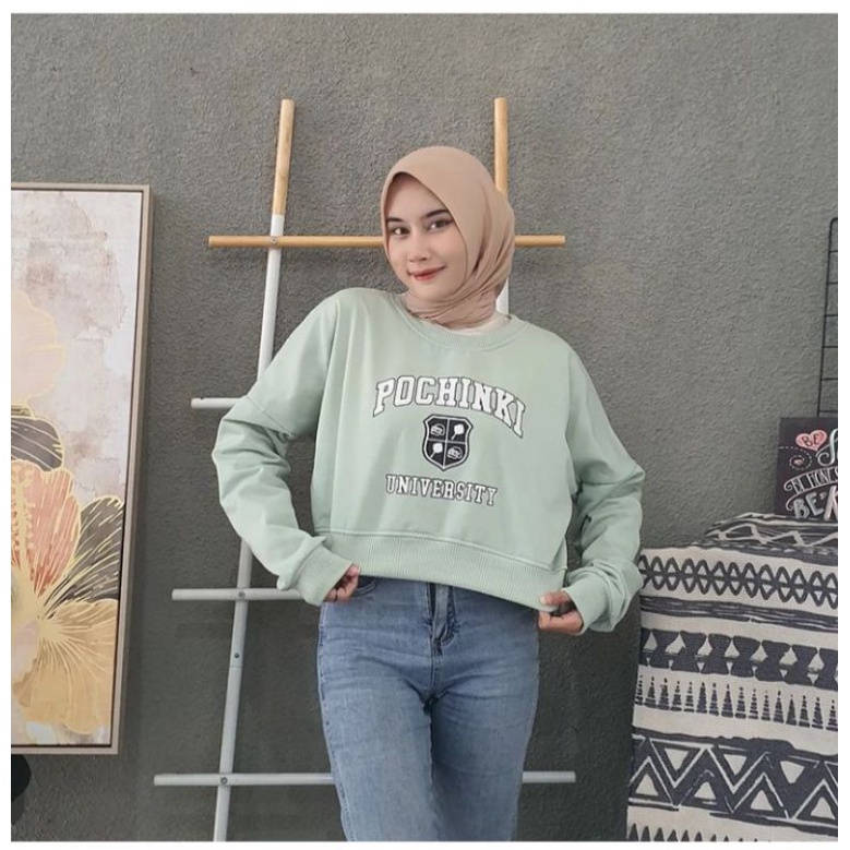 BEFAST - ZFC OOTD Sweater KARINA / SWEATER CROOPE POCHINKI CREWNECK WANITA / Sweater Crop Wanita / Pakaian Casual Wanita Remaja / Trendy / Sweater Motif / OOTD Remaja Wanita Ala Korean Style / Sweater Crop Lengan Panjang / Termurah