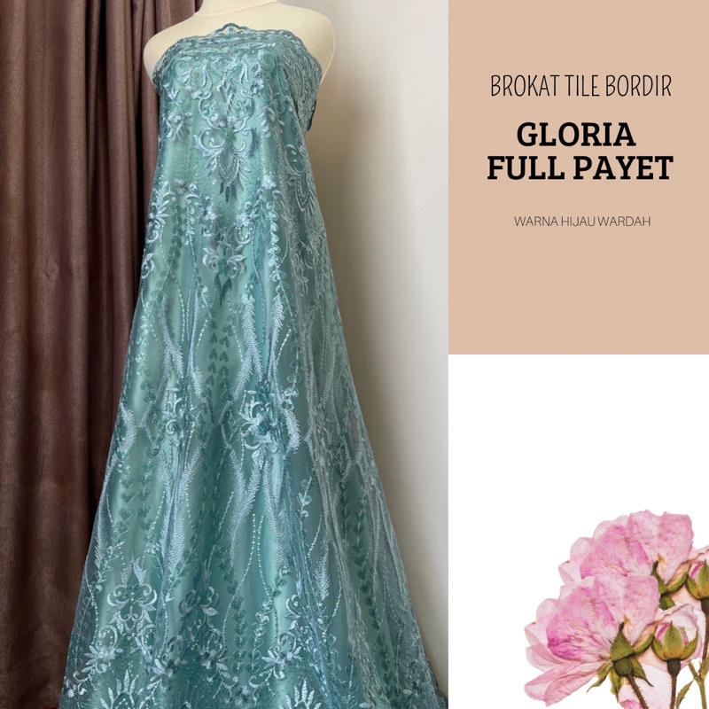 Bahan Kebaya Kain Brokat Tile Bordir Premium Mewah Gloria Full Payet Warna Hijau Wardah