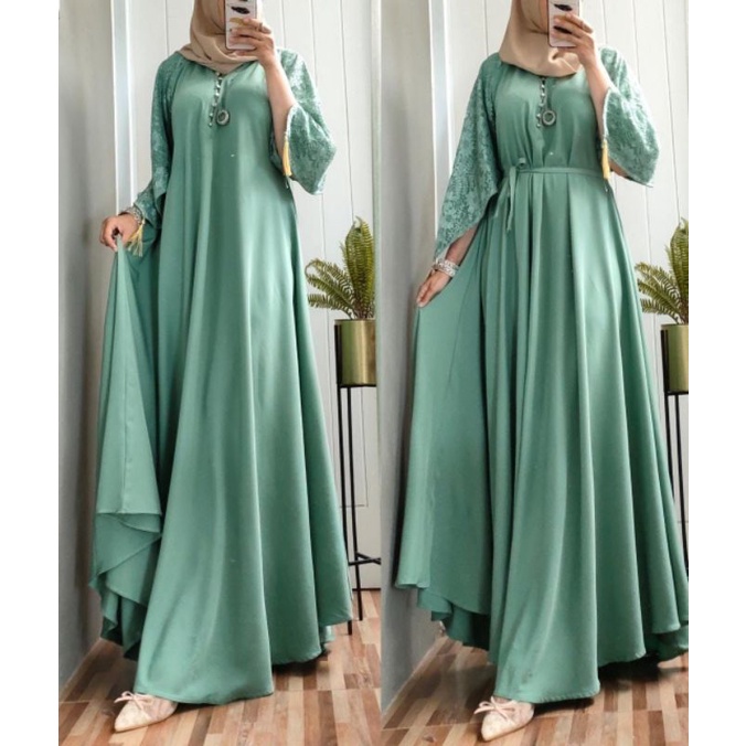 lUNA DRESS BAHAN SHAKILA TANGAN KOMBI BRUKAT WARNA hijau mint