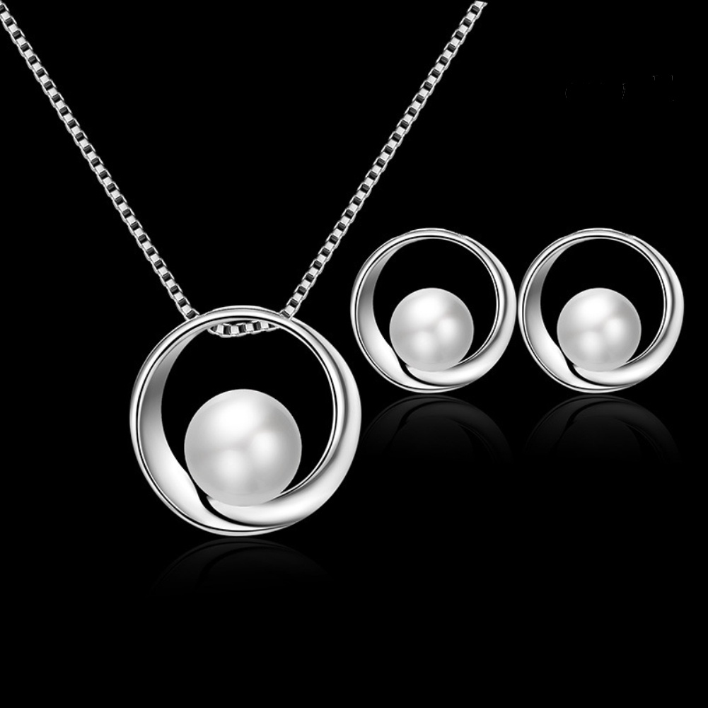 OW@ Women Faux Pearl Round Pendant Necklace Stud Earrings Wedding Party Jewelry Set