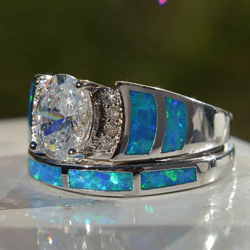 Cincin Kawin/Tunangan Hias Zircon Warna Biru Ukuran 5-12 Untuk Wanita