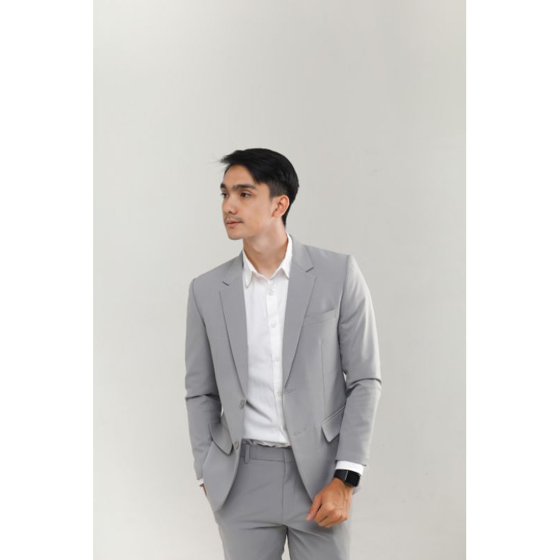 Mubeng - Elegant Jas Slimfit Soft Grey (Free Cover Jas)