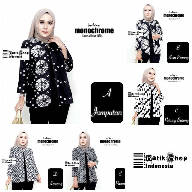 Bolero Monokrom Batik Modern Rompi Monochrome Outerwear Wanita Blazer Kerja Kantoran