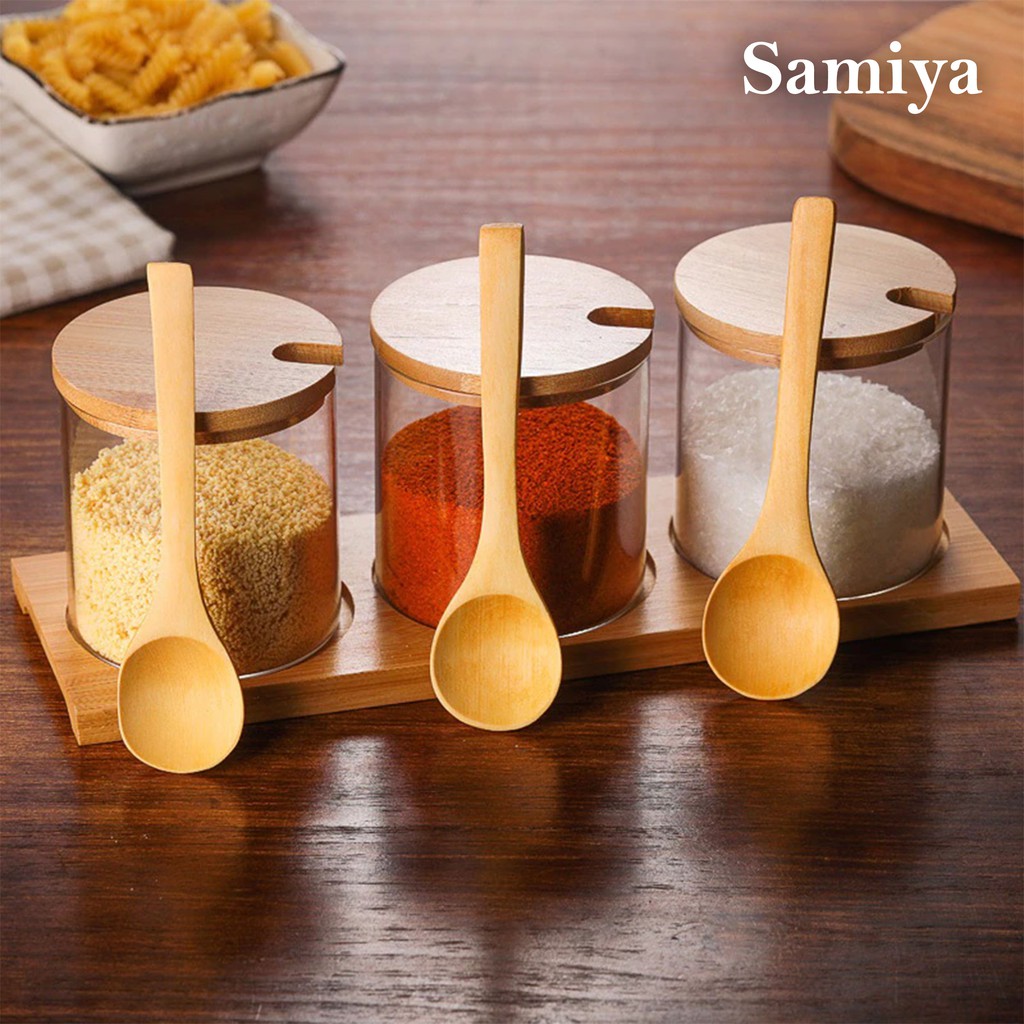 seasoning jar storage bamboo lid 3pcs / tempat bumbu dapur toples kaca tutup bambu set dengan alas