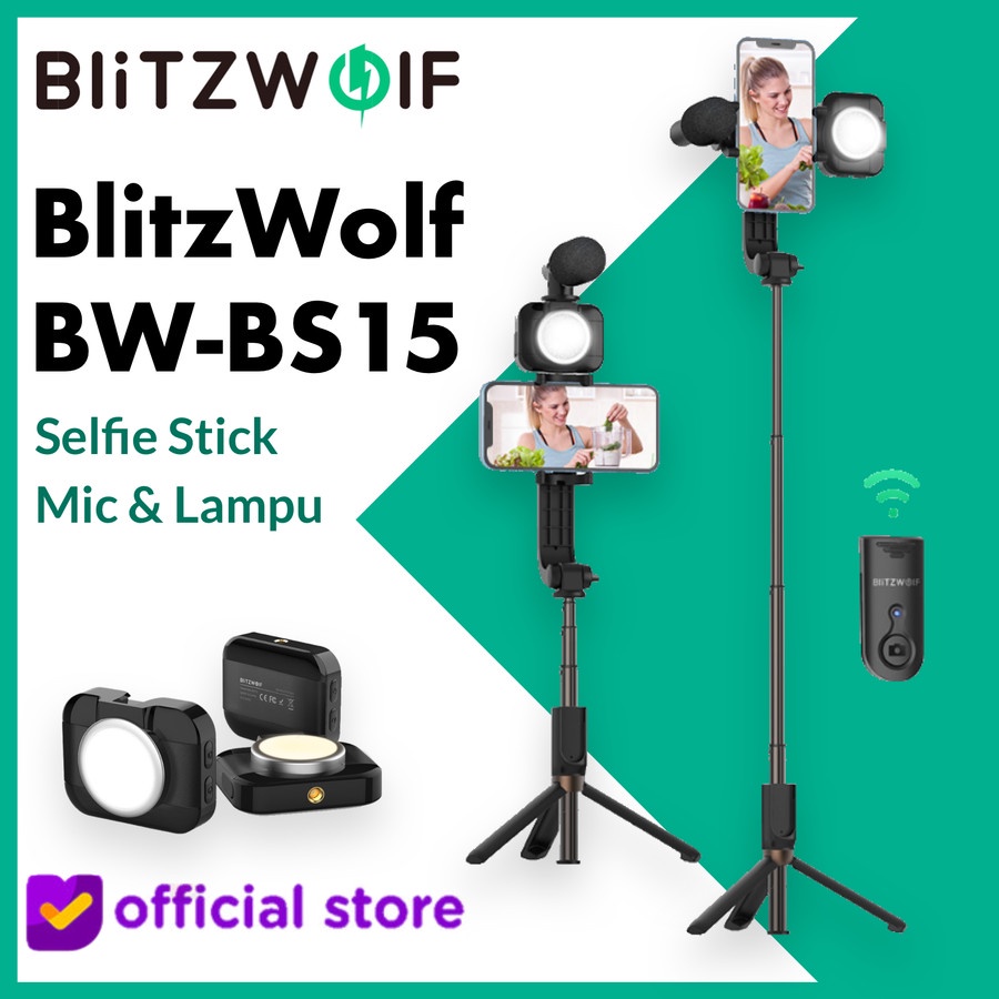 BlitzWolf BW BS15 Selfie Stick Tripod Lipat Mic Lampu Light Vlog Alt BS10