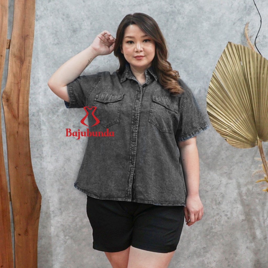 KEMEJA WANITA JUMBO BIG SIZE DENIM JEANS LENGAN PENDEK XXXL BAJUBUNDA IRENE-SNOW BLACK