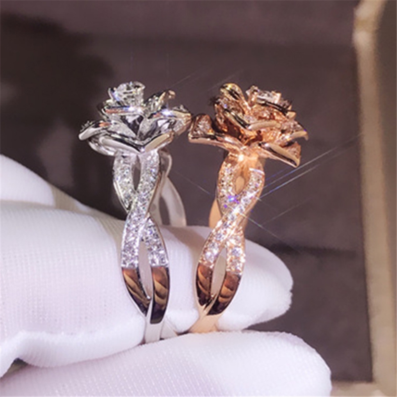 SEUSUK  Cincin Lapis Rose Gold 18K Desain Bunga Mawar Hias Berlian Imitasi untuk Wanita COD