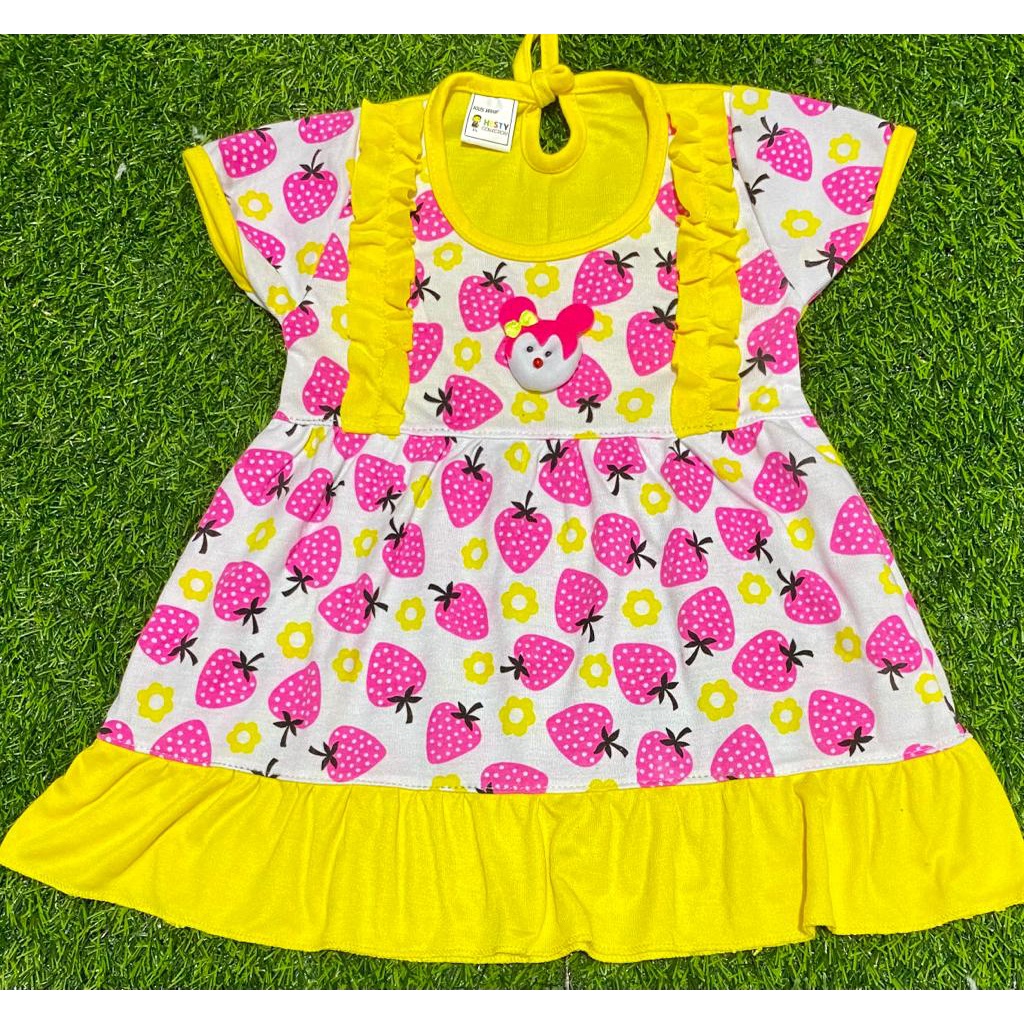 baju anak perempuan dress motif stawberry setelan 3-18bulan