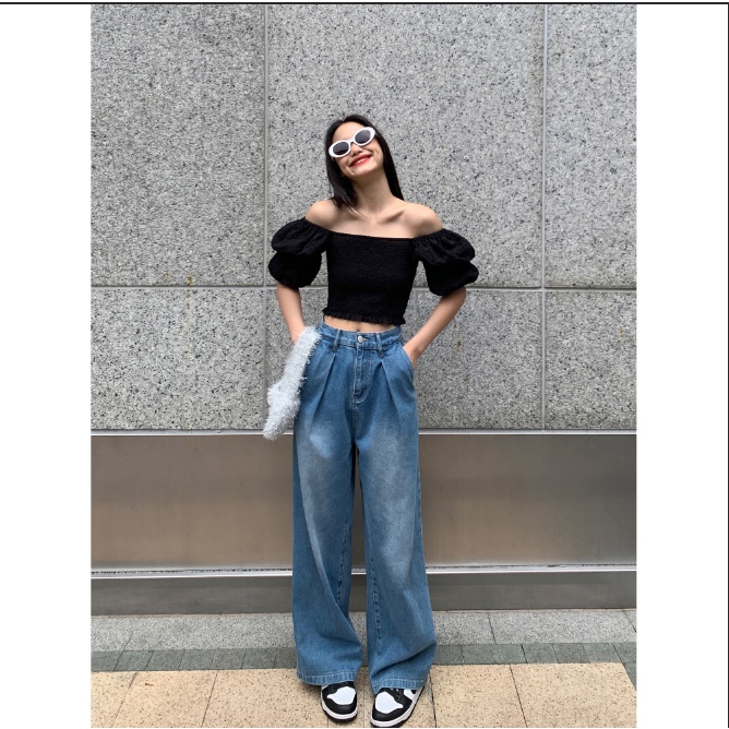 Celana Panjang Jeans Highwaist Biru laut Wanita Korean