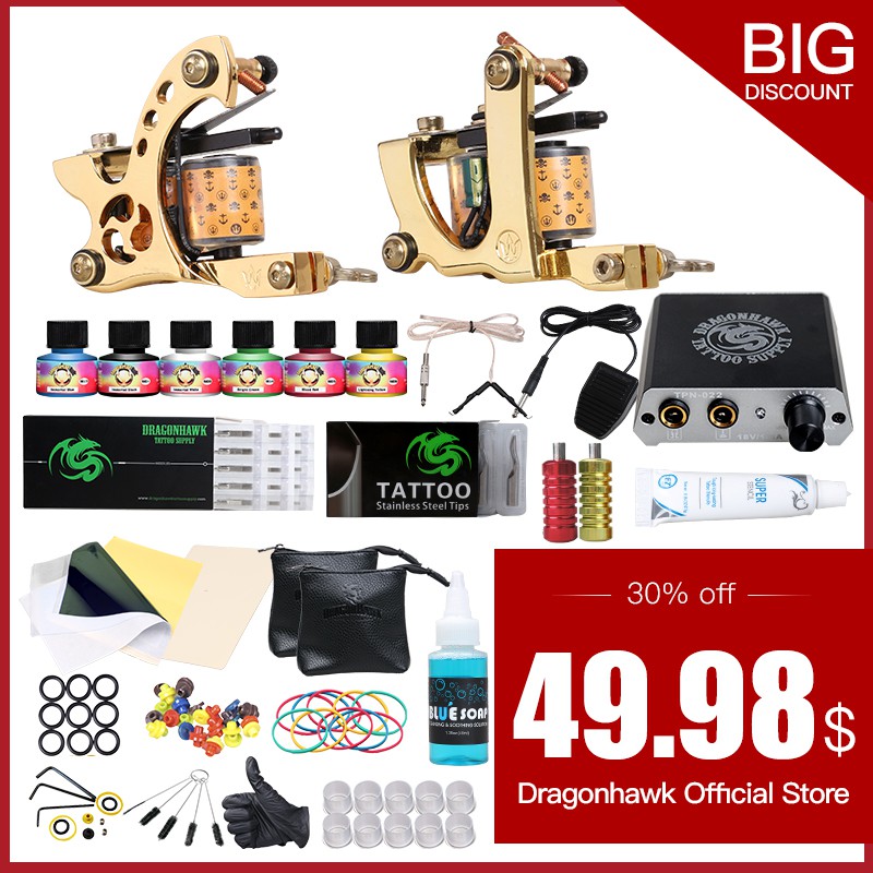 

PRODUK IMPORT Tattoo kits 2 Tattoo Machines 6 Colors Ink Power Supplies Box Grips Body Arts