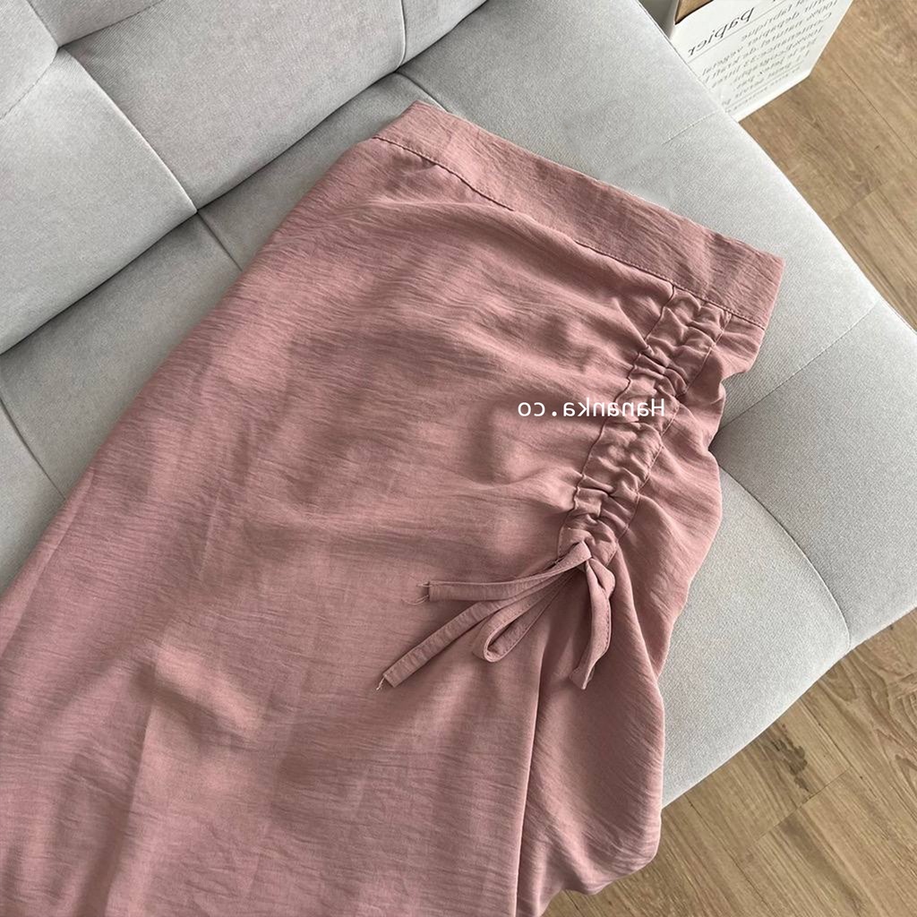 Rok Serut Casual Flowy - Midi Maxi Ruched Skirt - Rok Wanita Korean Look-Pink