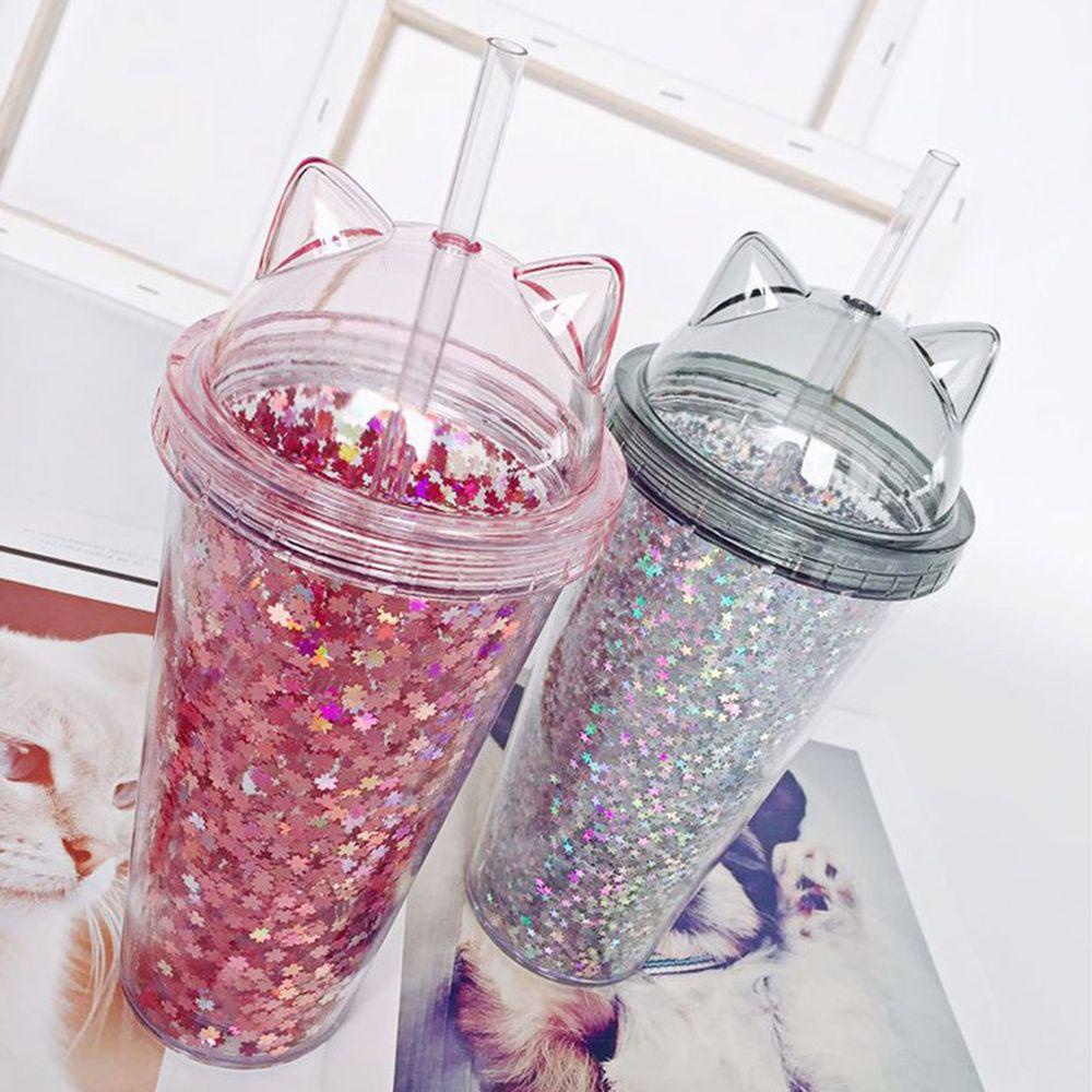 R-FLOWER 420ml Botol Air Double Wall Portable Glittery Dengan Sedotan Smoothie Cup