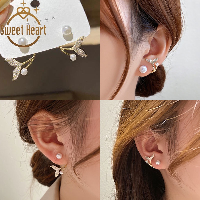 Anting S925 Silver Needle Desain Ekor Ikan Aksen Mutiara Gaya Korea